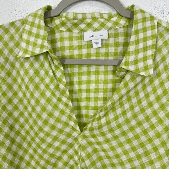J. Jill Love Linen Lime Green Gingham Plaid V Neck Popover Collared Blouse Beach - Picture 8 of 9